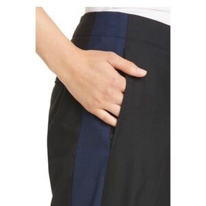 Club Monaco Ryanne Tuxedo Stripe wool blend pant in Black and Navy Stripe